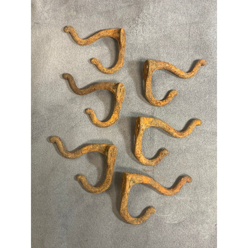6 Antique Vintage Rustic Cast Wrought Iron Wall COAT HOOKS Hardware 3" RUSTY